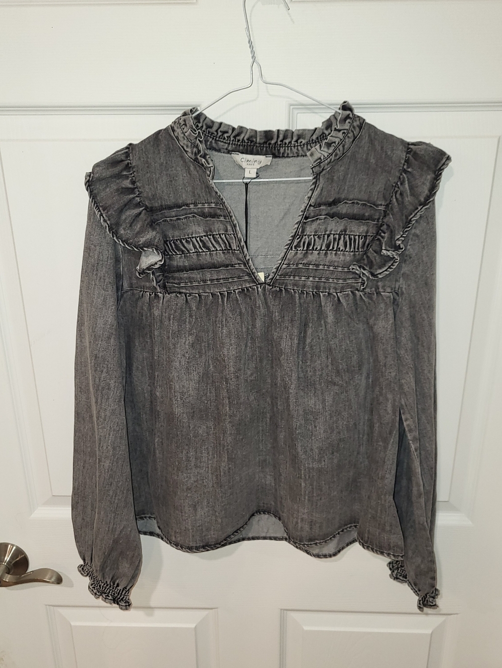 Ruffled Smocked Yoke Long-Sleeve Blouse - Gray